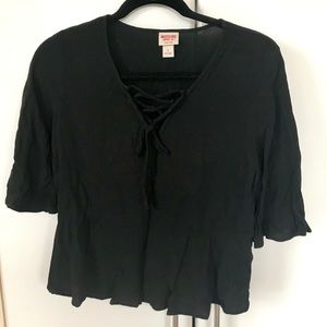 Flowy V-Neck Black Top with Bell Sleeves